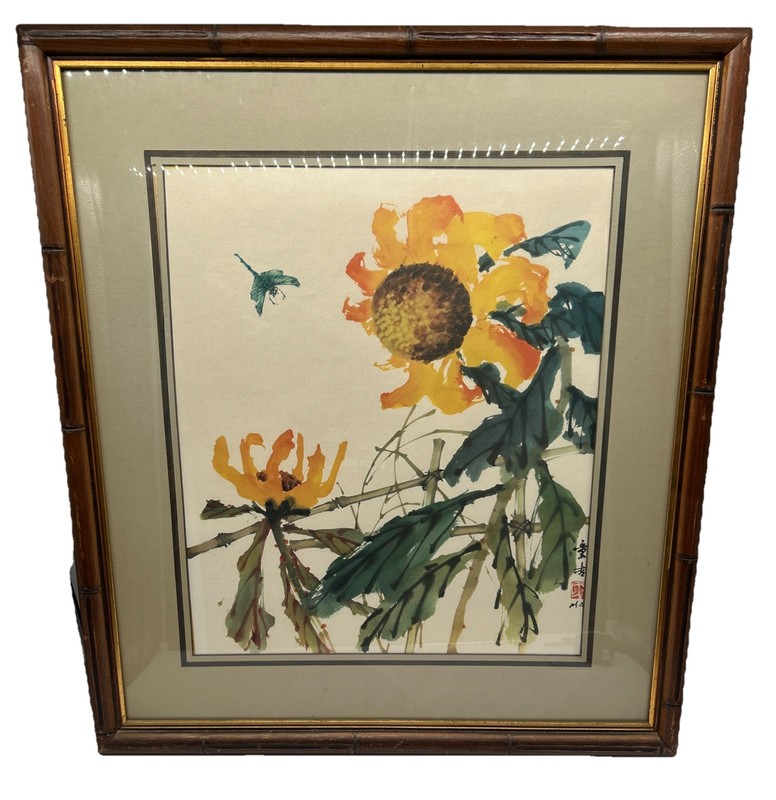 Sunflower & Dragonfly By Hui Chi Mau Water Color Painting 26X29in CE19