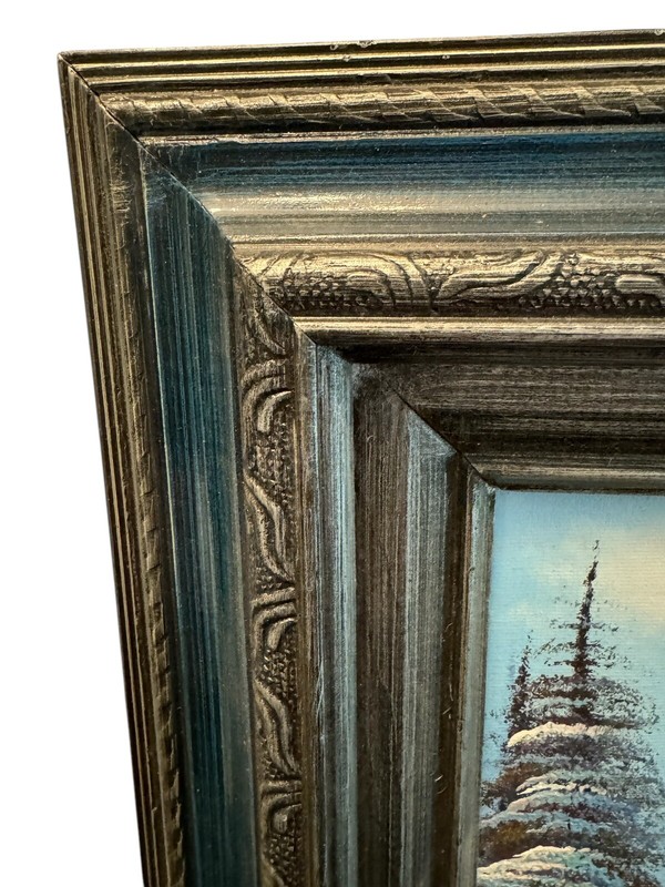 Original Framed Oil on Canvas Signed Benglis Winter Mountain Cabin Landscape ￼ gallery