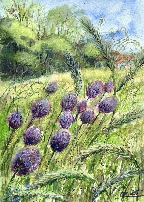 Wildflowers Field Watercolor Painting – Provence Landscape Artwork Original Art