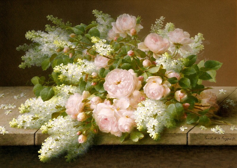 Pink Roses and Lilacs on a Stone Oil painting Giclee Printed on Canvas P2009