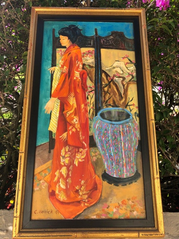 Orig oil painting vintage Oriental geisha girl by C.Henick circa 1969