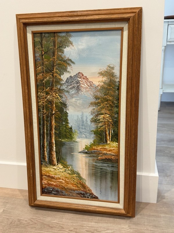 VTG G Whitman (?) Trees Landscape Lake River Mountains Canvas 13.75”x 25.75”