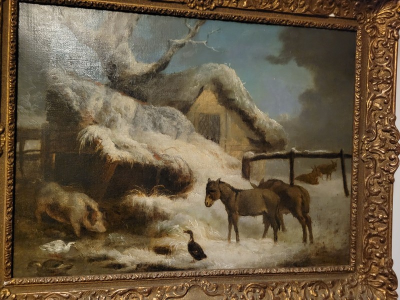 Antique Winter Farm Scene Oil Painting Geo Morland 1796 Signed Horses Animals gallery