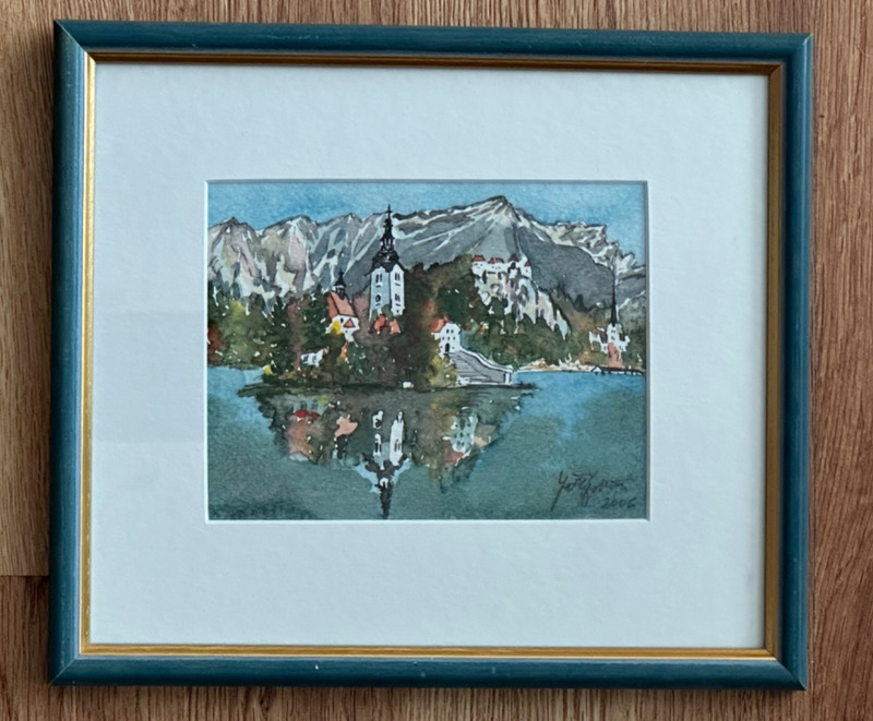 Watercolor Painting of Lake Bled Island Slovenia. framed 8″ x 9″ 2006