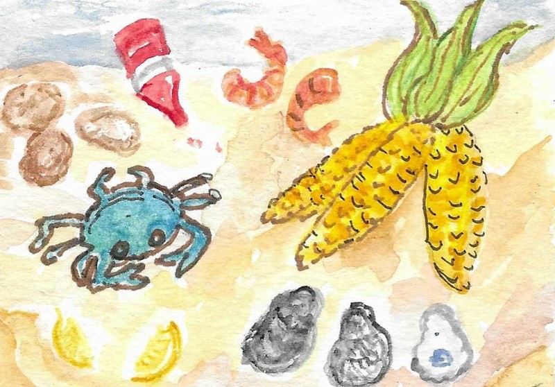 Original ACEO Shrimp, Crab Boil, Crab, Corn, Oysters Food Watercolor Art