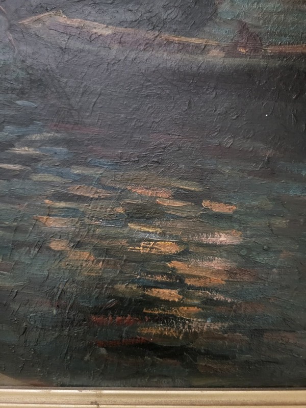 Oil Painting 1930 Mystery Signed Nautical Marina Boats Coastal Dark READ gallery