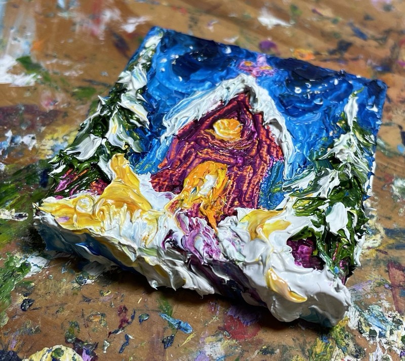 ‘Church In The wild Woods’ New mini oil painting original By Paris Llanso 2×2”