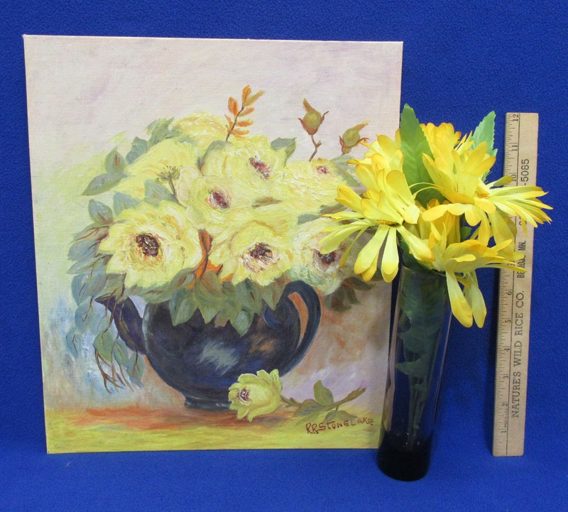 Oil Painting Yellow Flower Bouquet By RR Stonelake & Glass Vase & Flowers Lot 3
