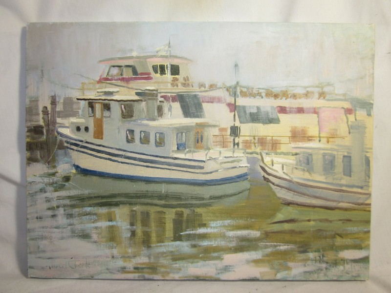 yacht boatyard painting original Robert Eberle signed ships boat nautical art