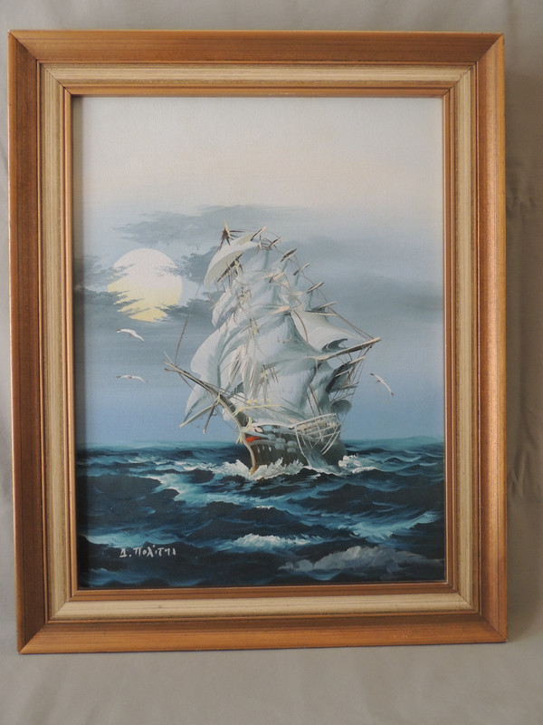Greek painting D. Politis ship in a wooden frame