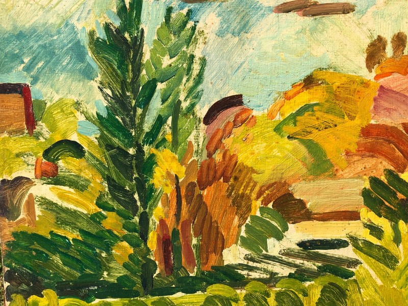 Landscape with Houses Impressionist Oil Painting-17" x 20"-1980s-I.L. Winarsky gallery