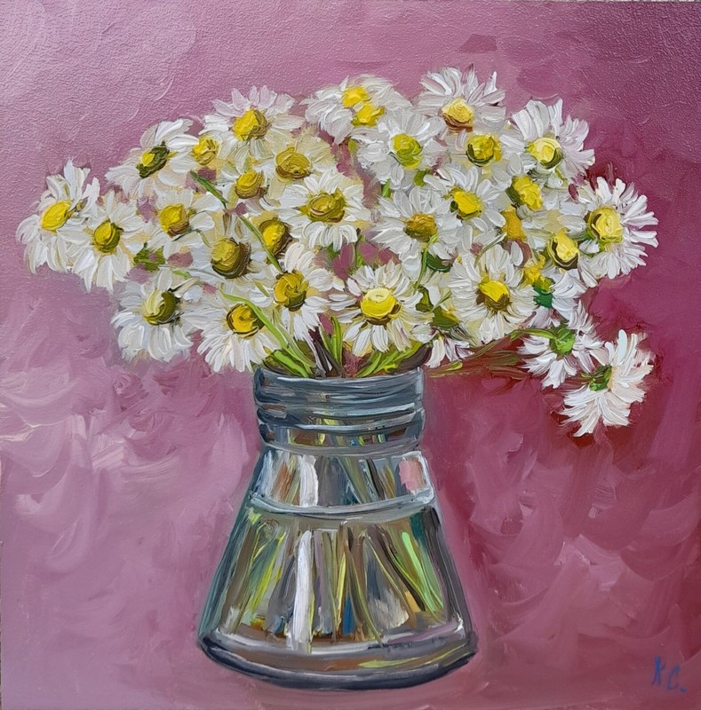 daisies original oil painting, bouquet of daisies in vase, white daisies art