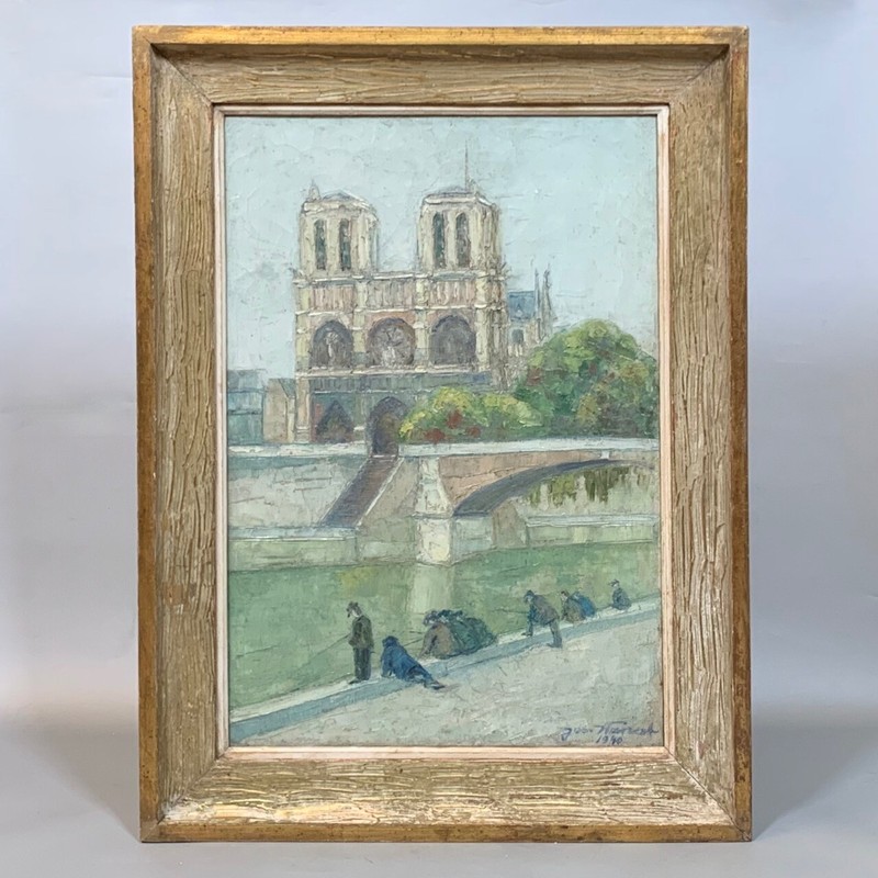 Vintage French Oil Painting Impressionist style Paris Notre-Dame Cathedral 1940 gallery