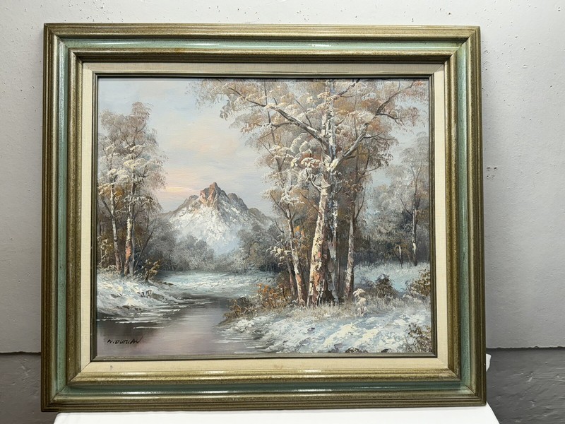 Framed Oil Painting Mountain Trees River Landscape Signed W.Durlan Original