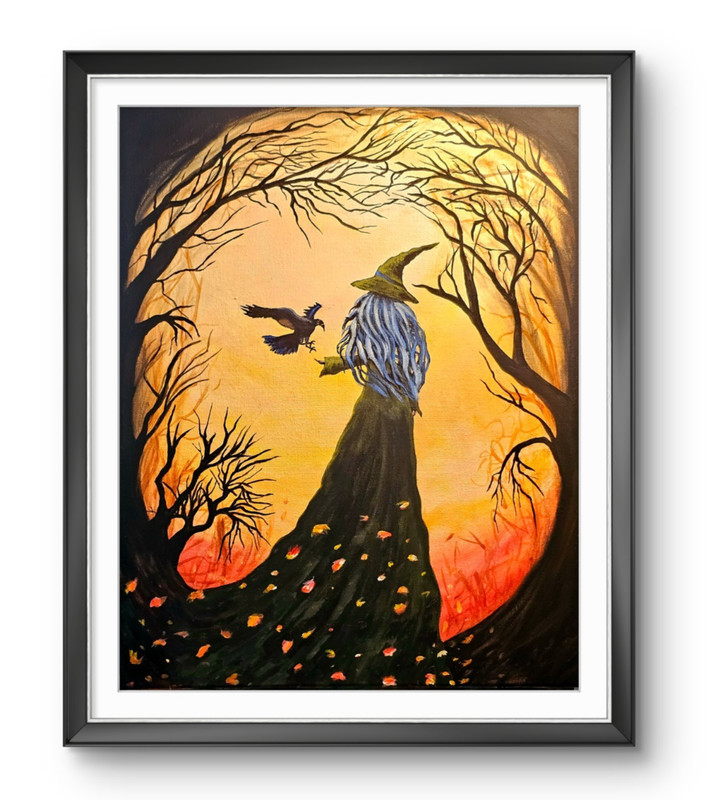 Original Painting Autumn Witch & Raven Halloween Wall Art Whimsical Gothic Decor