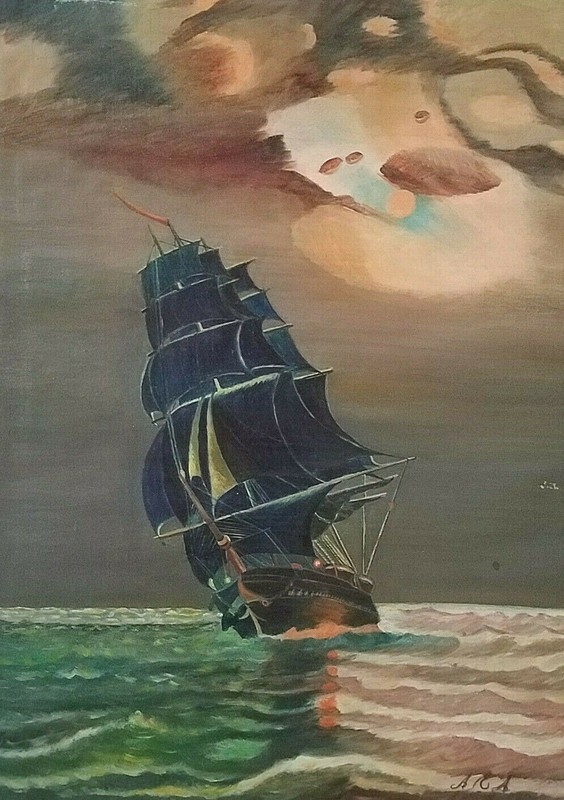 Signed Original USS Constitution Old Ironsides Oil Painting Ship – UFO in Sky?