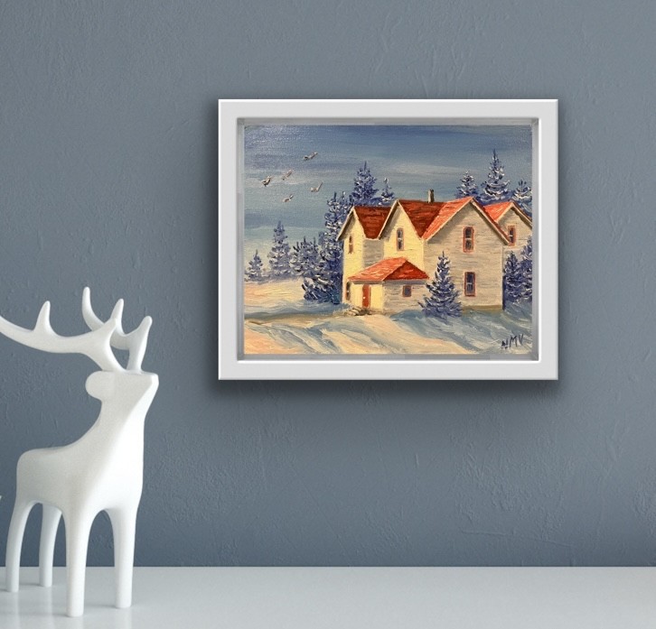 HOUSE WITH RED ROOF Original Oil Landscape Painting Country BARN SNOW SMALL Art gallery