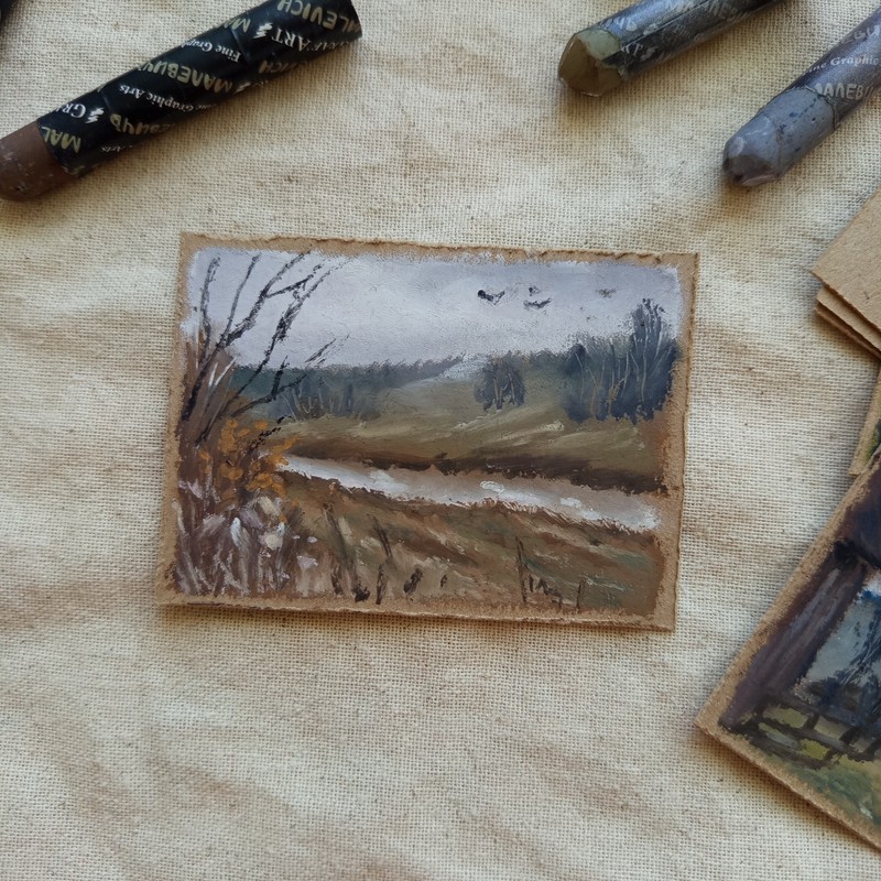ACEO Original Autumn River Countryside Landscape Moody Oil Pastel Fall Miniature gallery