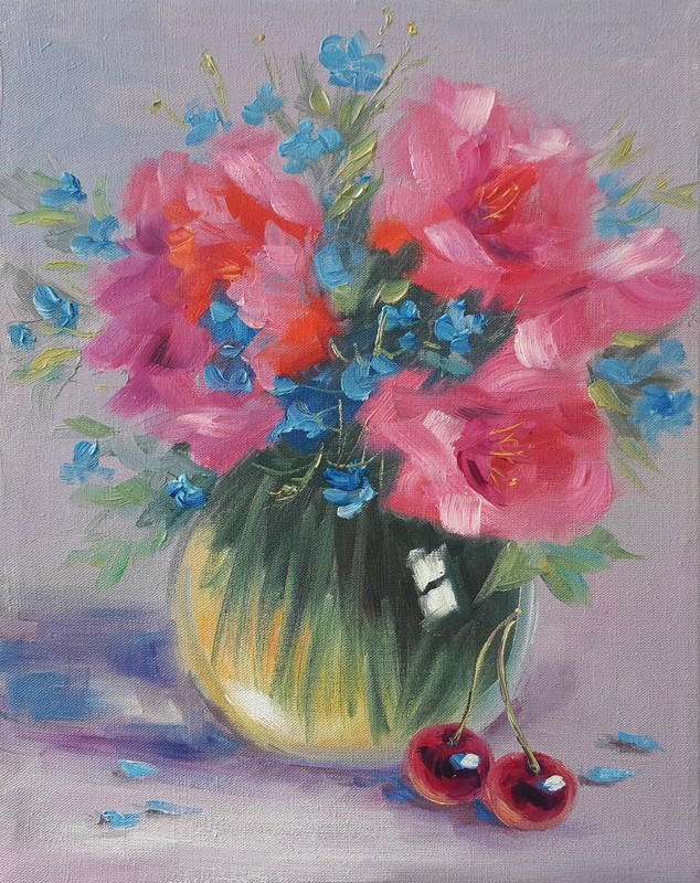 Pink Floral Bouquet Original Oil Painting Impressionist Still Life Home Decor