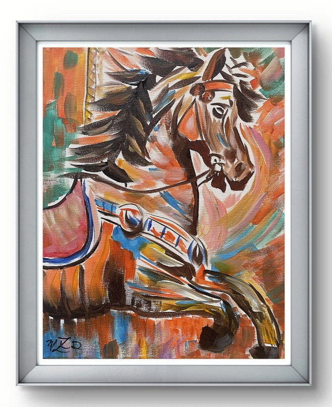 Original Artisan 14 x 11 Carousel Horse Playful Bright and Colorful!