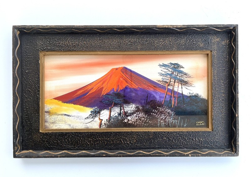 Vintage Japanese Fuji Oil Painting W/ Frame 26″×23″ Red Fuji 22” X 13” Stunning!