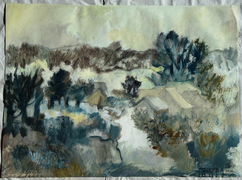Walter Gutbrod 1908-1998 Ludwigsburg / Öl / trübe Landschaft mit Häusern 1988 gallery