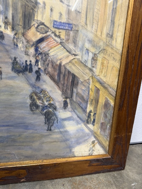Antique Early 1900 Daniel Dourouze Paris Street Mixed Media Painting Rue de Buci gallery
