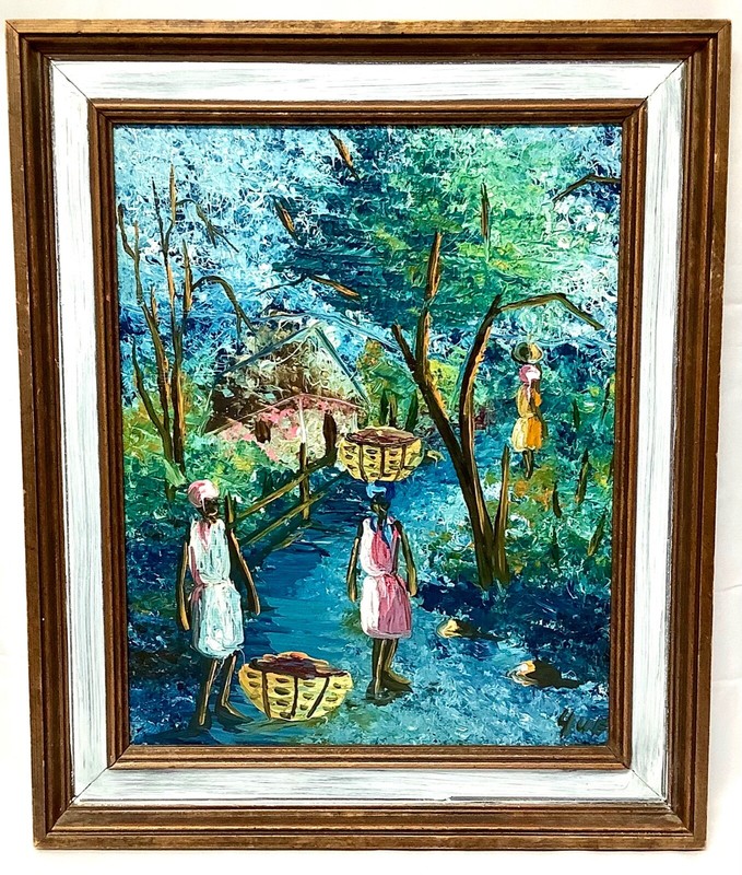 Vintage Haitian Framed Oil Painting, Women With Baskets on Head