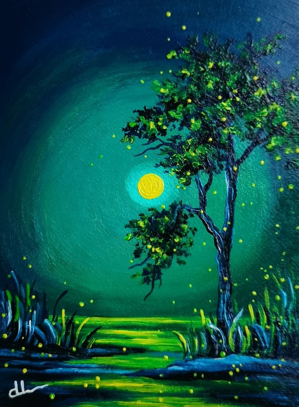 «Firefly Dream» ACEO Original Acrylic Painting Vintage Art Moonlight Signed ATC