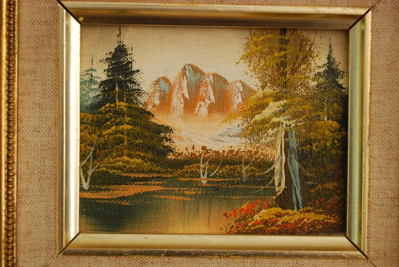 MINIATURE VINTAGE 70S FRAMED ORIGINAL OIL MOUNTAIN FOREST & LAKE LANDSCAPE SCENE gallery