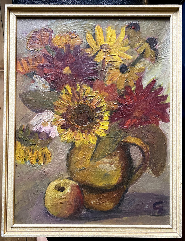 Oil Painting Still Life With Flowers And Vase Table Monogram G. Sunflower