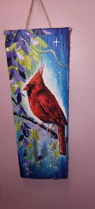 Cardinal floral painting on rustic pallet wood art by Renee L. Lavoie