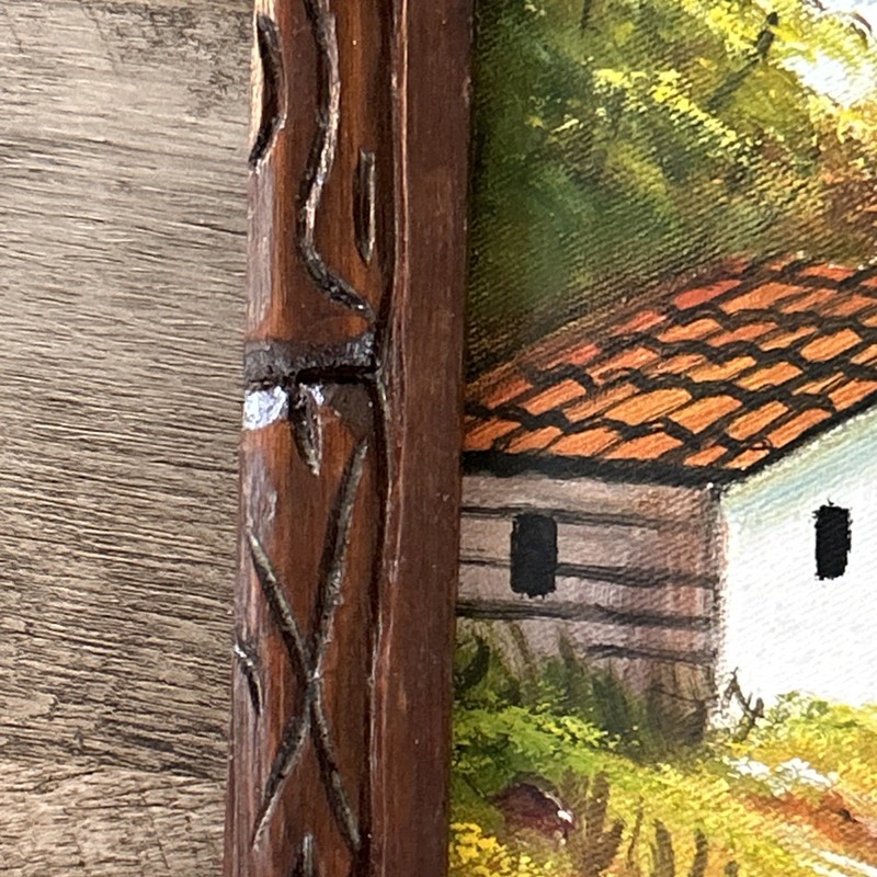 Vintage Burlap Painting Hand Carved Wood Framed Tiled Roof House on Hill Rodas gallery