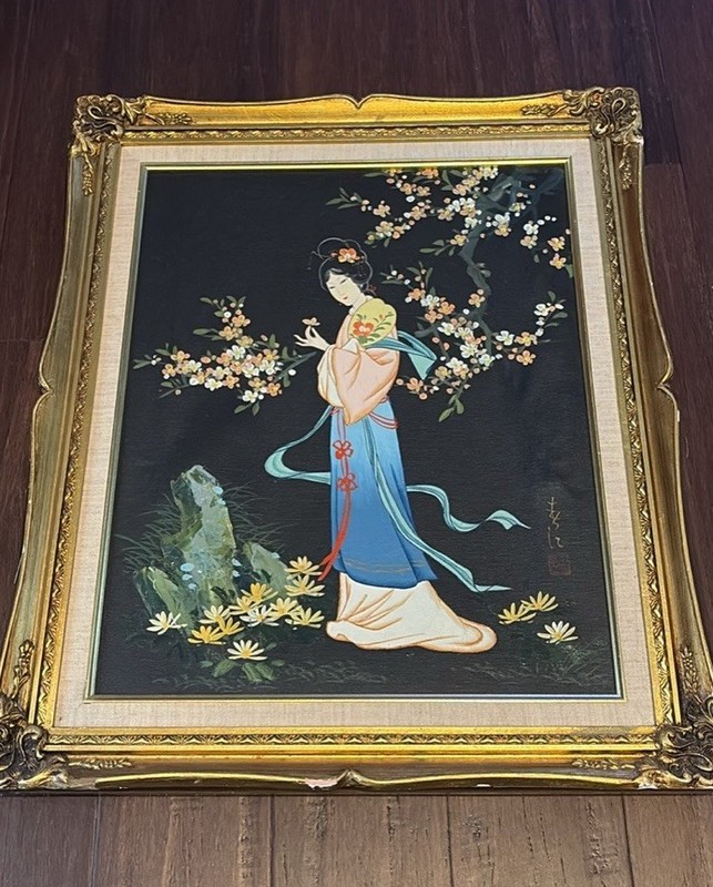 Original Oil On Canvas Signed Asian Japanese Painting Geisha Framed 21×25