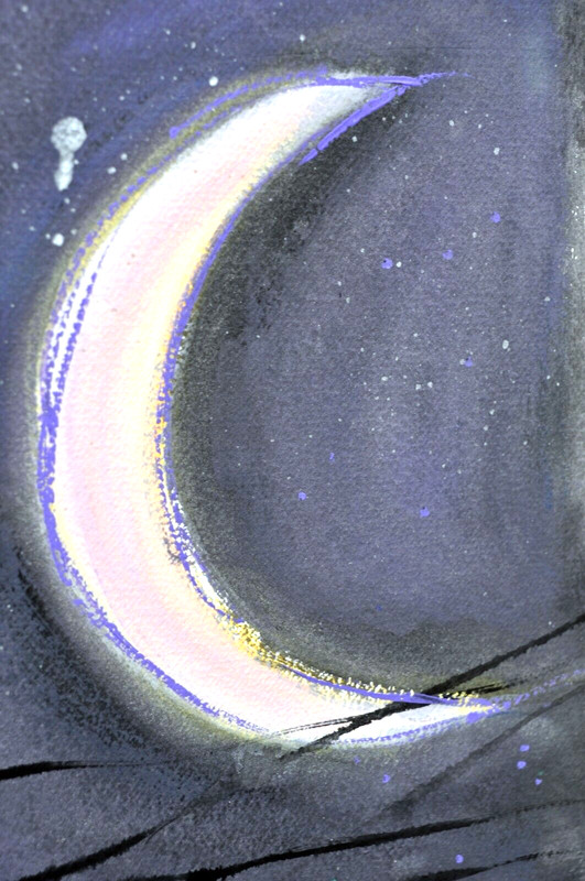 Original Artwork Painting Crescent Moon Violet Black Wood Framed 23.5" x 18.5" gallery