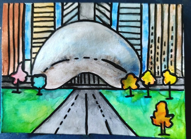 ACEO Original Cityscape Chicago Bean Architecture Drawing Illustration Art