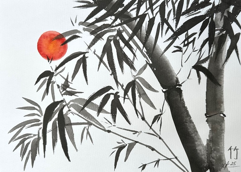 Original paintings A4 Bamboo Sun oriental japanese chinese brush painting sumi-e