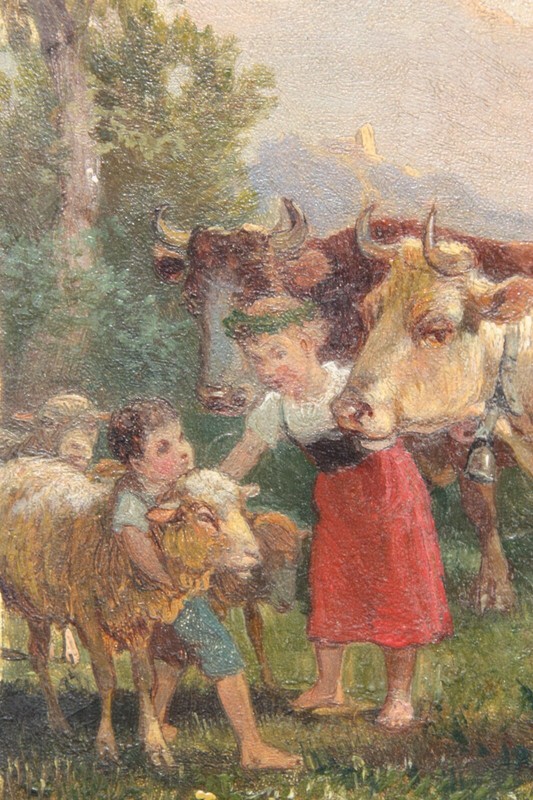 Children with Cows & Sheep in an Idyllic Mountain Landscape, Painting, 19th century gallery