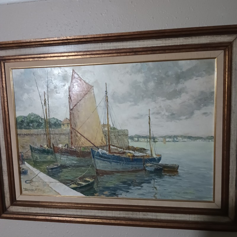 French Artist Andre Beronneau Large Oil On Canvas Famous Fishin Port Concarneau