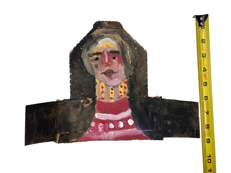 Original Outsider Art Primitive Unique Woman Portrait Painting Torn Cardboard gallery