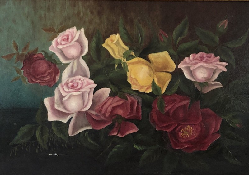 Antique Victorian Oil Painting of Roses in Gilt Gesso Wood Frame H C Meyer gallery