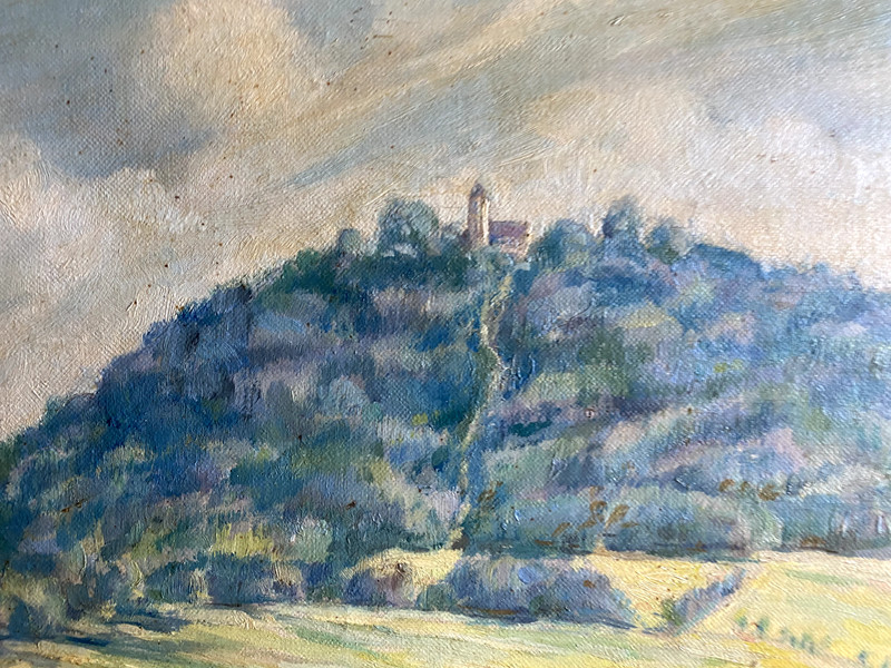 ::OIL PAINTING LANDSCAPE CASTLE CASTLE WHO KNOWS THE PLACE? SIGNED FRAME 1948 gallery