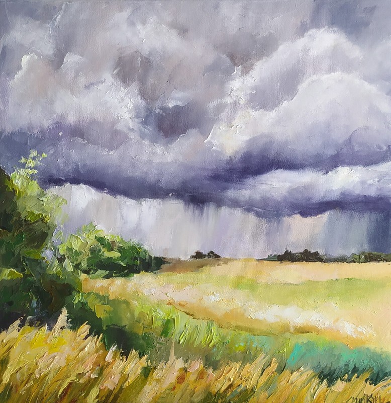 oil painting on canvas original hand made art landscape with field and clouds