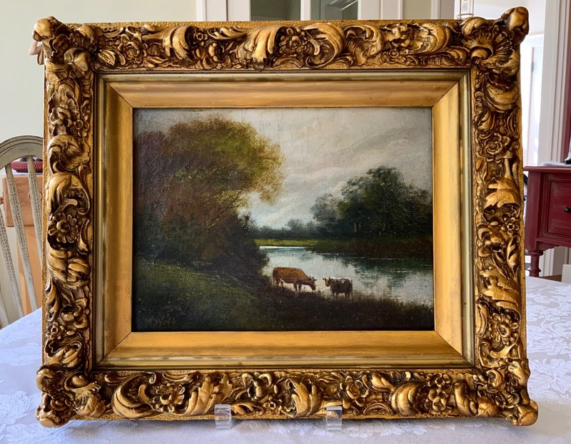 19th Century English Oil Painting Cows by Lake Landscape Signed W.Webb gallery