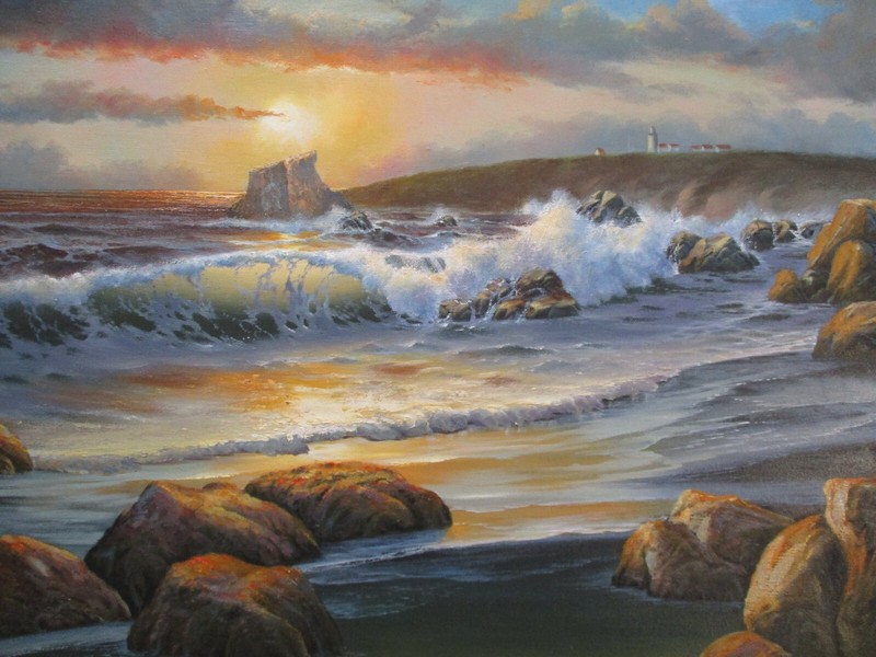 Coastal Sunset Beach Painting Landscape American Vintage Nautical Seascape Oil gallery