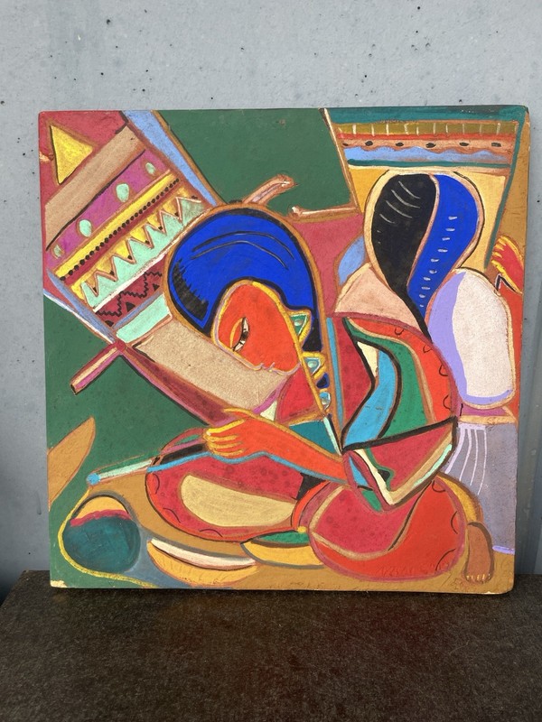 Nan Cuz painting Indian women in Guatemala weaving signed Unique 1960s