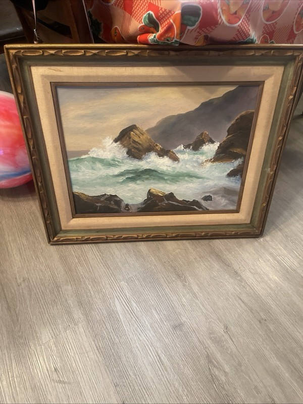 Framed Realism Oil Painting Seascape with Rocks and Waves on Canvas