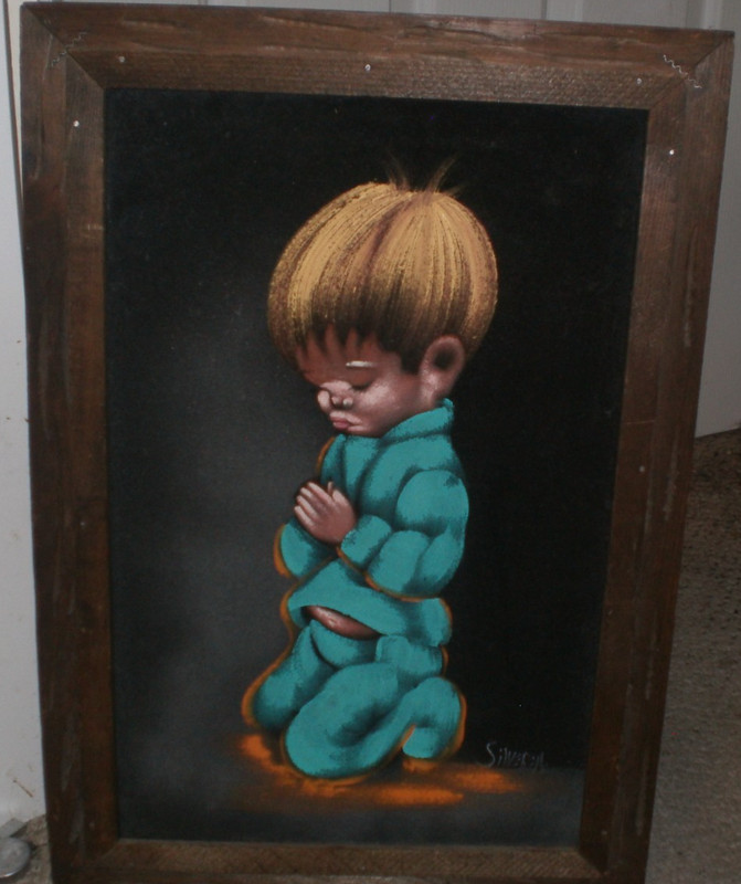 Velvet Painting Praying Child 14 X 21 Inches 1970’s Wood Frame Signed Silveria