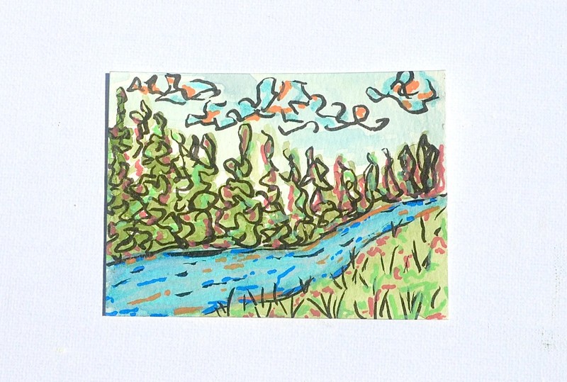 ACEO Original Art Card Mixed Media River Trees Painting Watercolor Abstract OOAK
