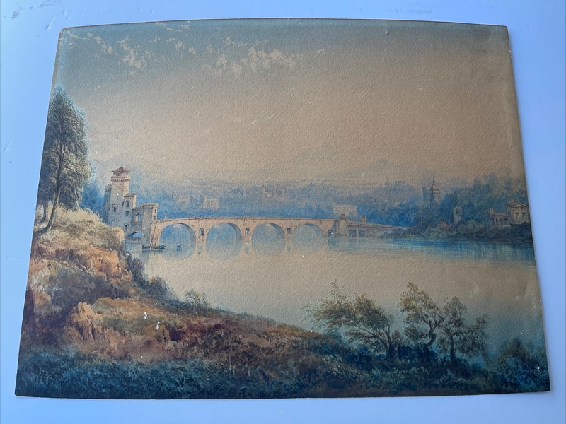 19TH CENTURY PAINTING ROME PONTE MILVIO VIEW BRIDGE LANDSCAPE ANTIQUE 1850’S OLD